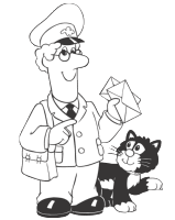A coloring page of postman pat